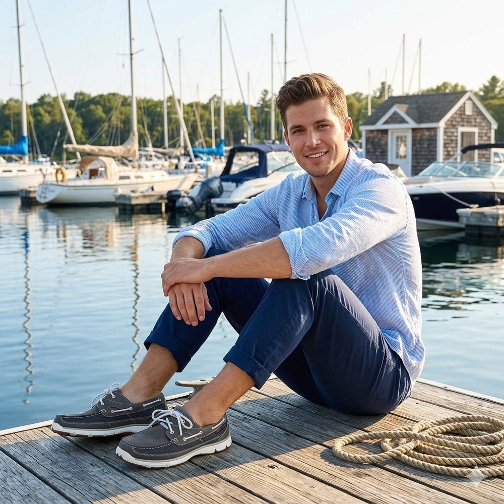 L.L.Bean Portlander Free Flex Boat Shoes 11.5 Navy Gray Leather Mesh Nautical